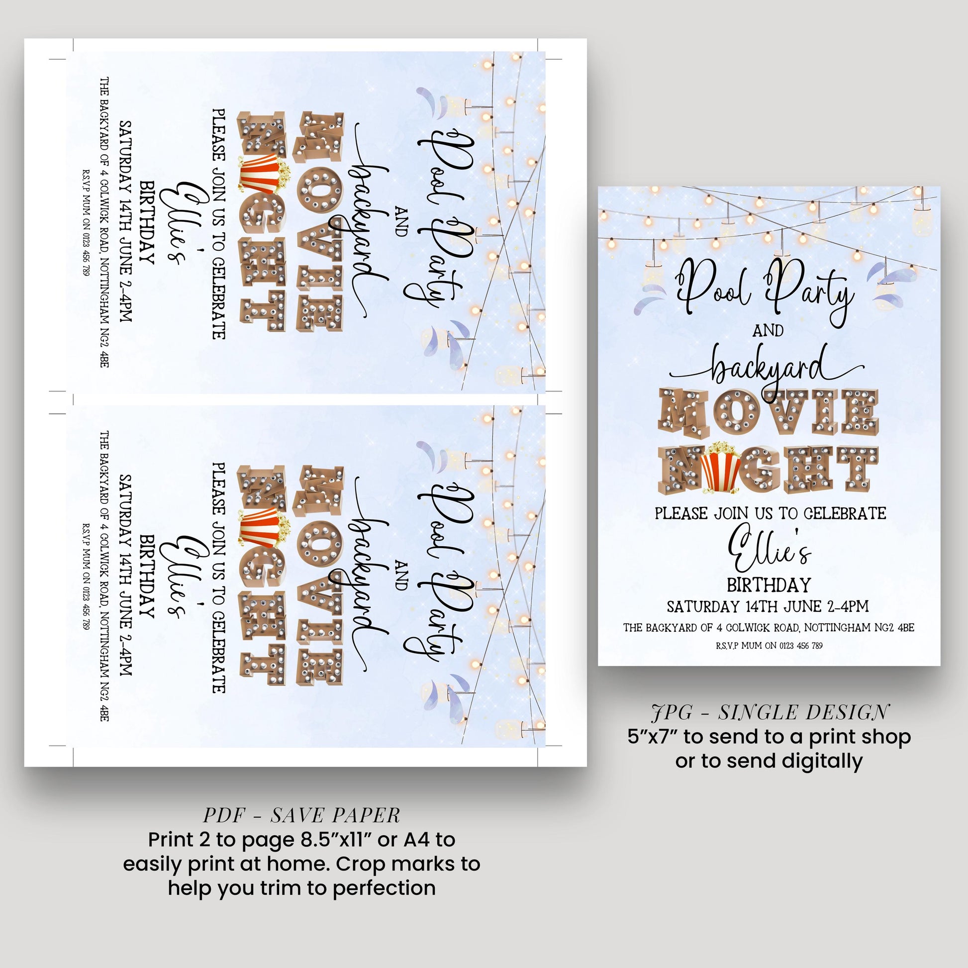 a birthday party invitation for a pool party and backyard movie night. The invitation is designed to be printed on paper and sent to a print shop or digitally. It includes details about the event, such as the date, time, and location, as well as instructions for sending a print or digital copy.