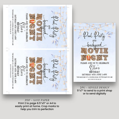 a birthday party invitation for a pool party and backyard movie night. The invitation is designed to be printed on paper and sent to a print shop or digitally. It includes details about the event, such as the date, time, and location, as well as instructions for sending a print or digital copy.