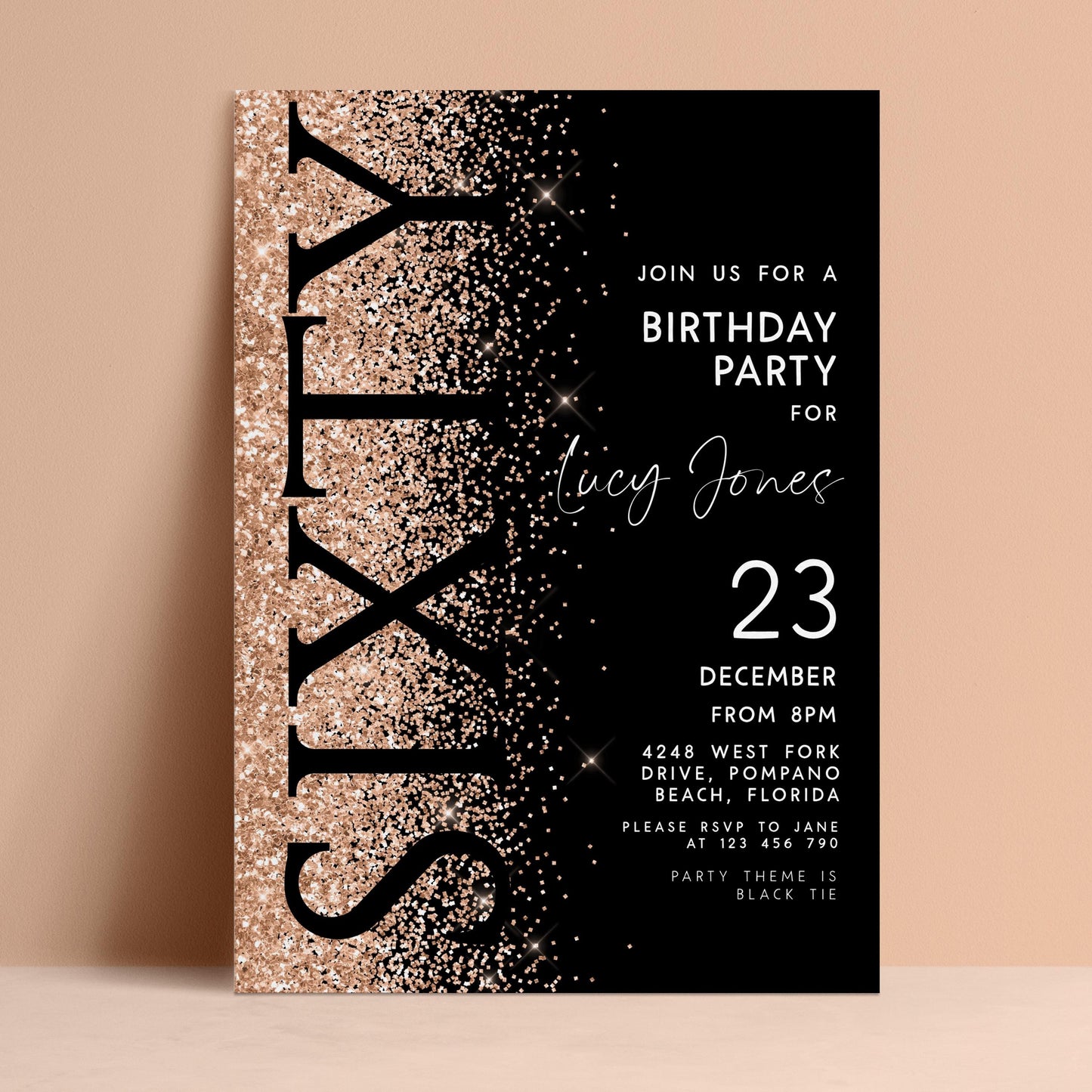 The image is a birthday party invitation for a 60th birthday celebration for Lucy Jones. The invitation features a black background with gold glitter and text, and it includes details about the party, such as the date, time, location, and theme.