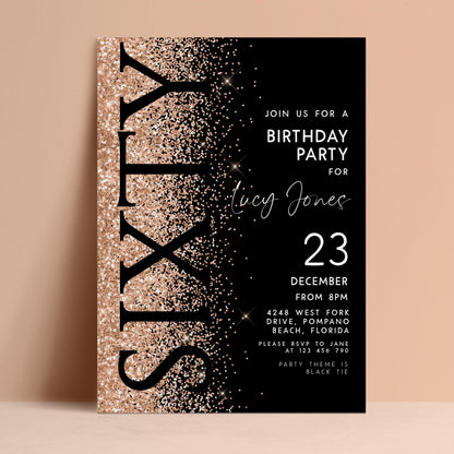 The image is a birthday party invitation for a 60th birthday celebration for Lucy Jones. The invitation features a black background with gold glitter and text, and it includes details about the party, such as the date, time, location, and theme.