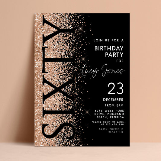 The image is a birthday party invitation for a 60th birthday celebration for Lucy Jones. The invitation features a black background with gold glitter and text, and it includes details about the party, such as the date, time, location, and theme.
