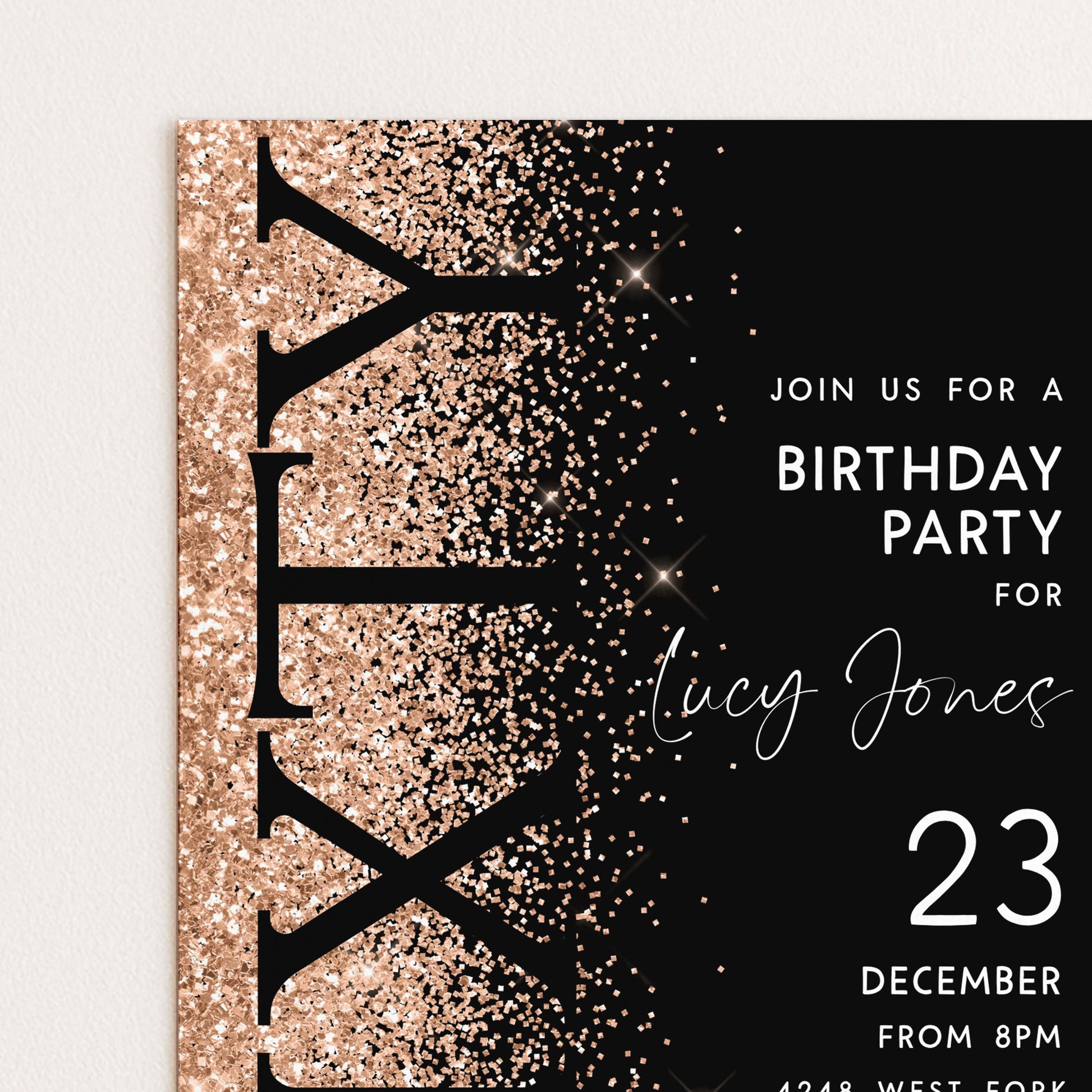 The image is a birthday party invitation for a girl named Lucy Jones, which is for a birthday party on December 23.