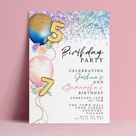 Birthday party invitation for Joshua and Samantha's 7th birthday celebration on February 14th at The Town Hall at Your Street Country Village, RSVP to mail at 0125 579 789.