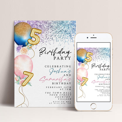 The image is a birthday party invitation featuring balloons, flowers, and the number 7, along with text providing details about the celebration.