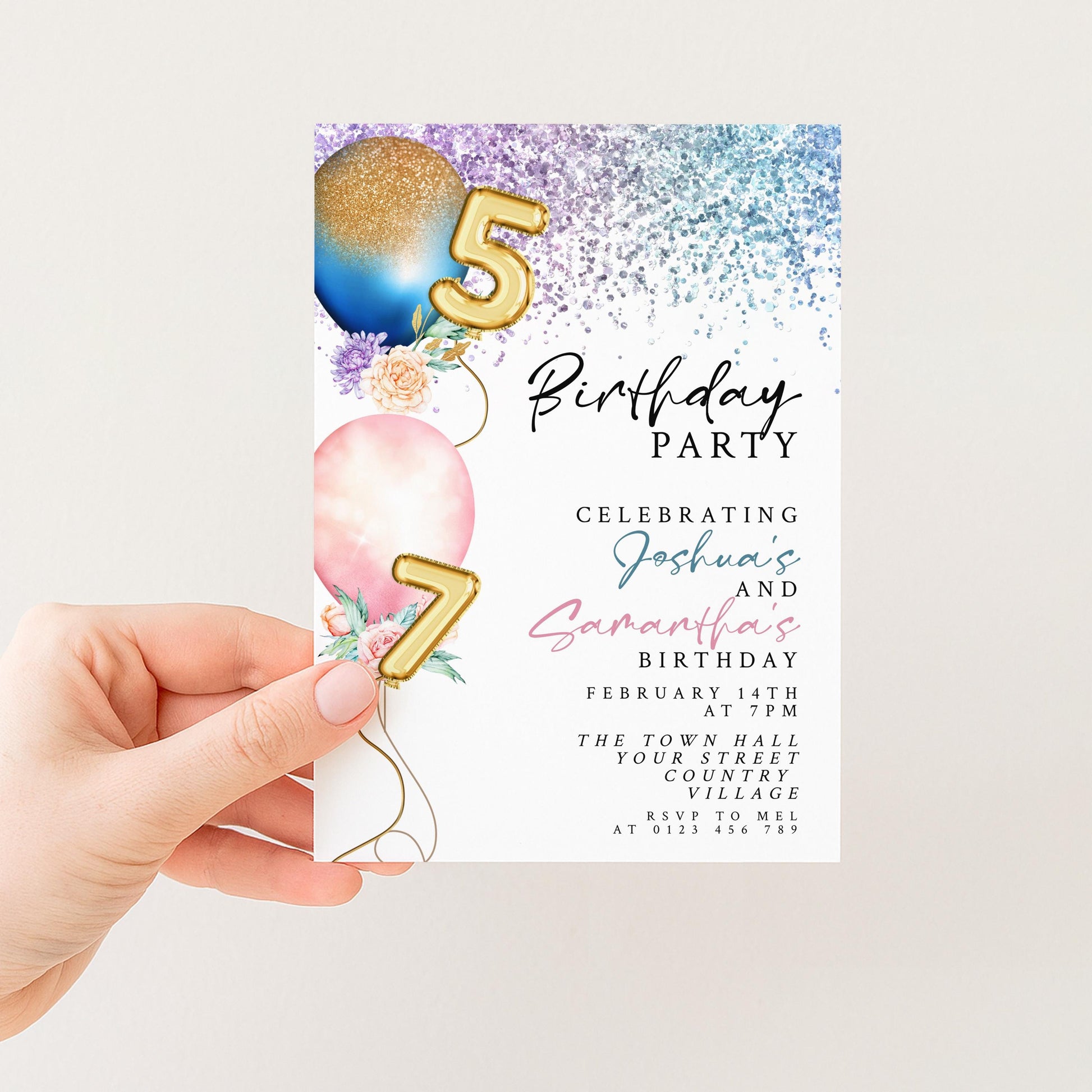 A hand holding a birthday party invitation card with colorful balloons and glittery numbers.