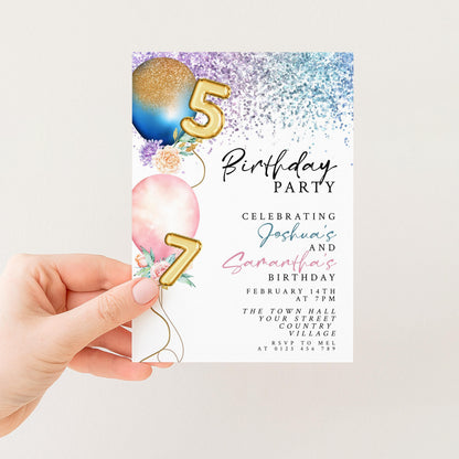 A hand holding a birthday party invitation card with colorful balloons and glittery numbers.