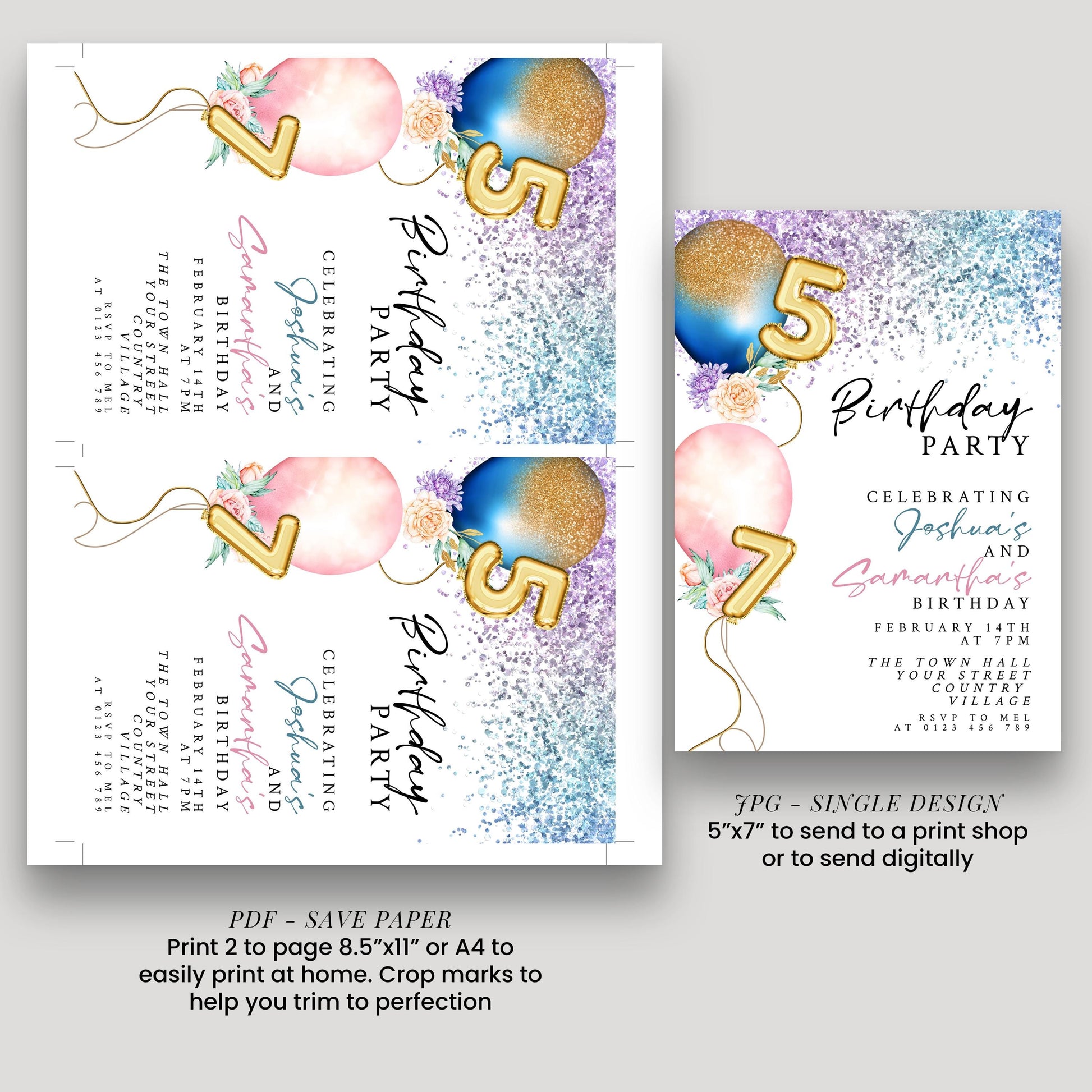 a birthday party invitation with colorful balloons and numbers, along with instructions for printing and sending the design.