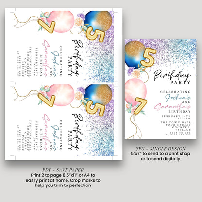 a birthday party invitation with colorful balloons and numbers, along with instructions for printing and sending the design.