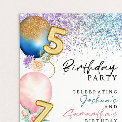 The image is a birthday party invitation featuring balloons, flowers, and the number 5.