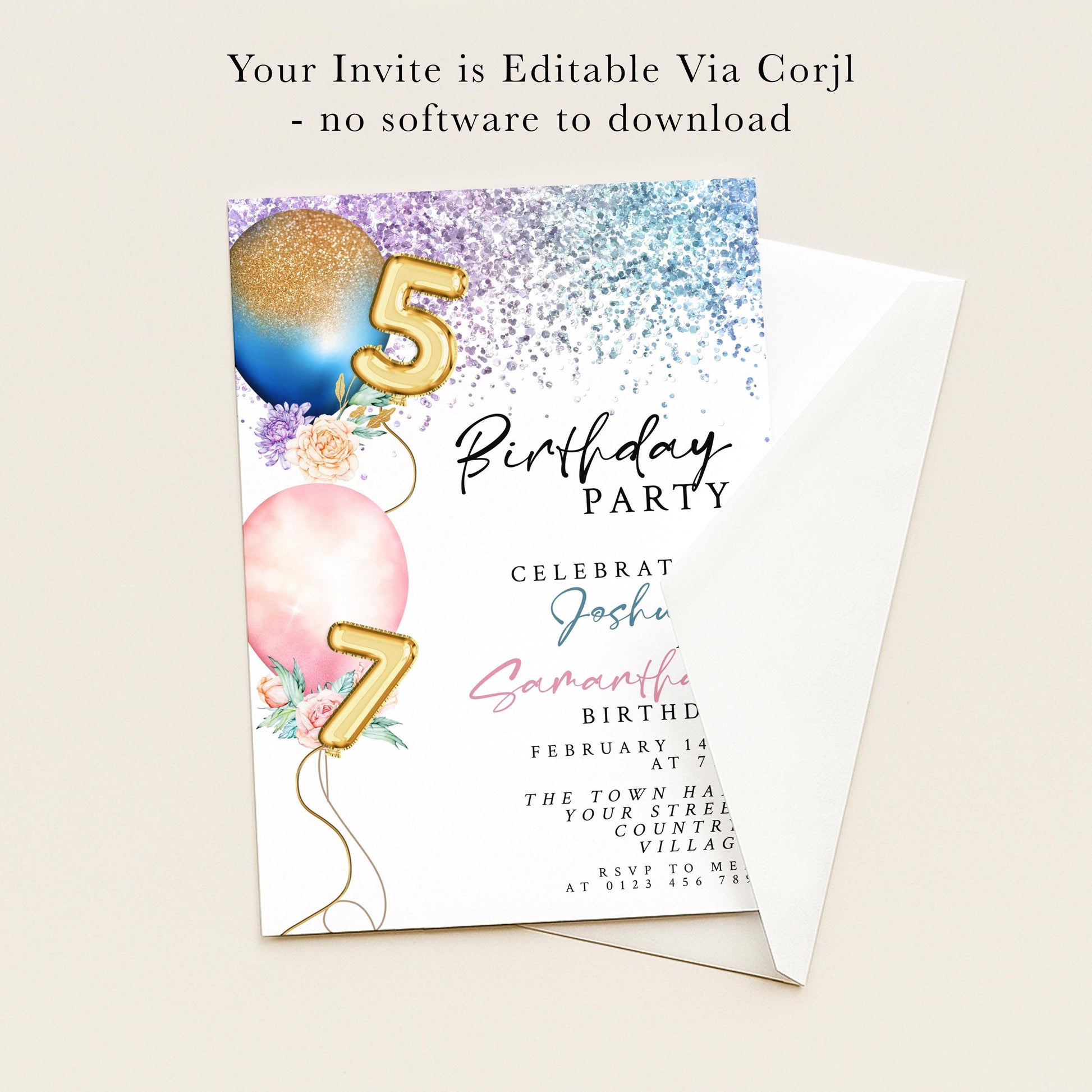 The image is a birthday party invitation for a child named Josh, celebrating his 7th birthday on February 14th. The invitation is editable via a computer and does not require any software to download.