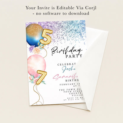 The image is a birthday party invitation for a child named Josh, celebrating his 7th birthday on February 14th. The invitation is editable via a computer and does not require any software to download.