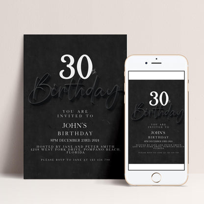 a black and white birthday invitation for John's 30th birthday. The invitation is for a party hosted by Jane and Peter Smith, located at 123 West R Street, Fort Lauderdale, Florida. The invitation is for an 8PM December 3rd, 2014 party, and guests are invited to join Jane and Peter Smith at their home. The invitation is accompanied by a smartphone image of the same invitation, which is displayed next to it.