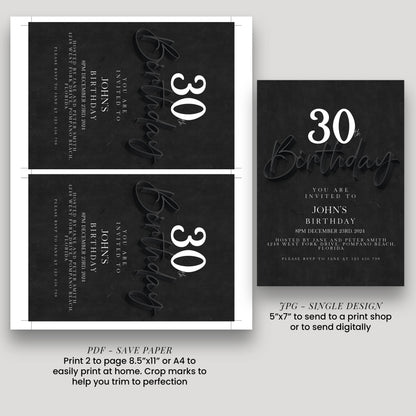 The image is a birthday invitation for John's 30th birthday, featuring a black and white design with the text "You are invited to John's 30th Birthday" and "Please RSVP to Jane at 125 150 250".