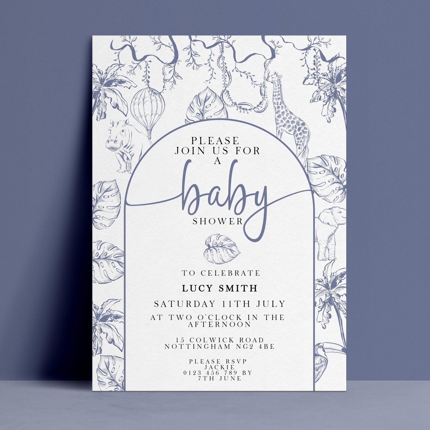 The image is a baby shower invitation featuring a floral and jungle-themed design with illustrations of a giraffe, leaves, and balloons.