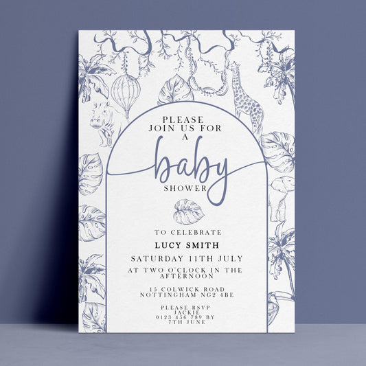 The image is a baby shower invitation featuring a floral and jungle-themed design with illustrations of a giraffe, leaves, and balloons.