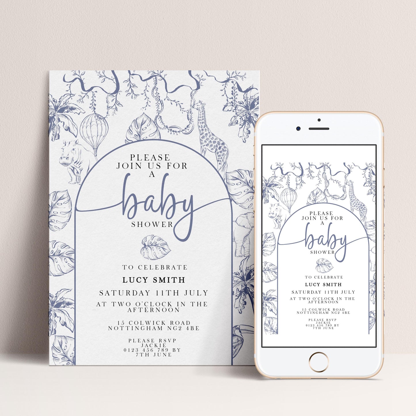 a baby shower invitation and a mobile phone with a baby shower invitation app.