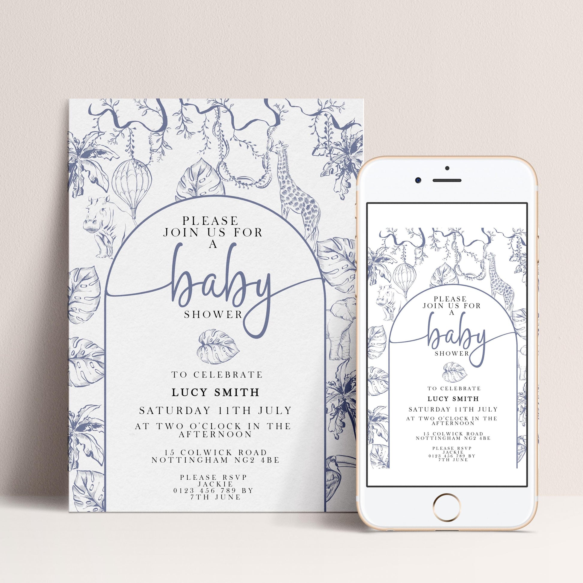 a baby shower invitation and a mobile phone with a baby shower invitation app.