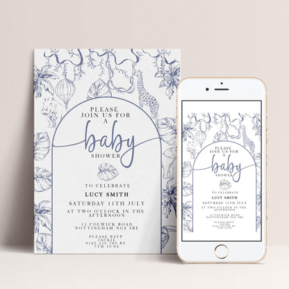 a baby shower invitation and a mobile phone with a baby shower invitation app.