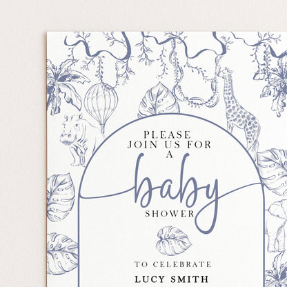 The image is a baby shower invitation featuring a jungle theme with illustrations of animals and plants. The invitation invites guests to "Join us for a baby shower" and includes the text "To celebrate LUCY SMITH".