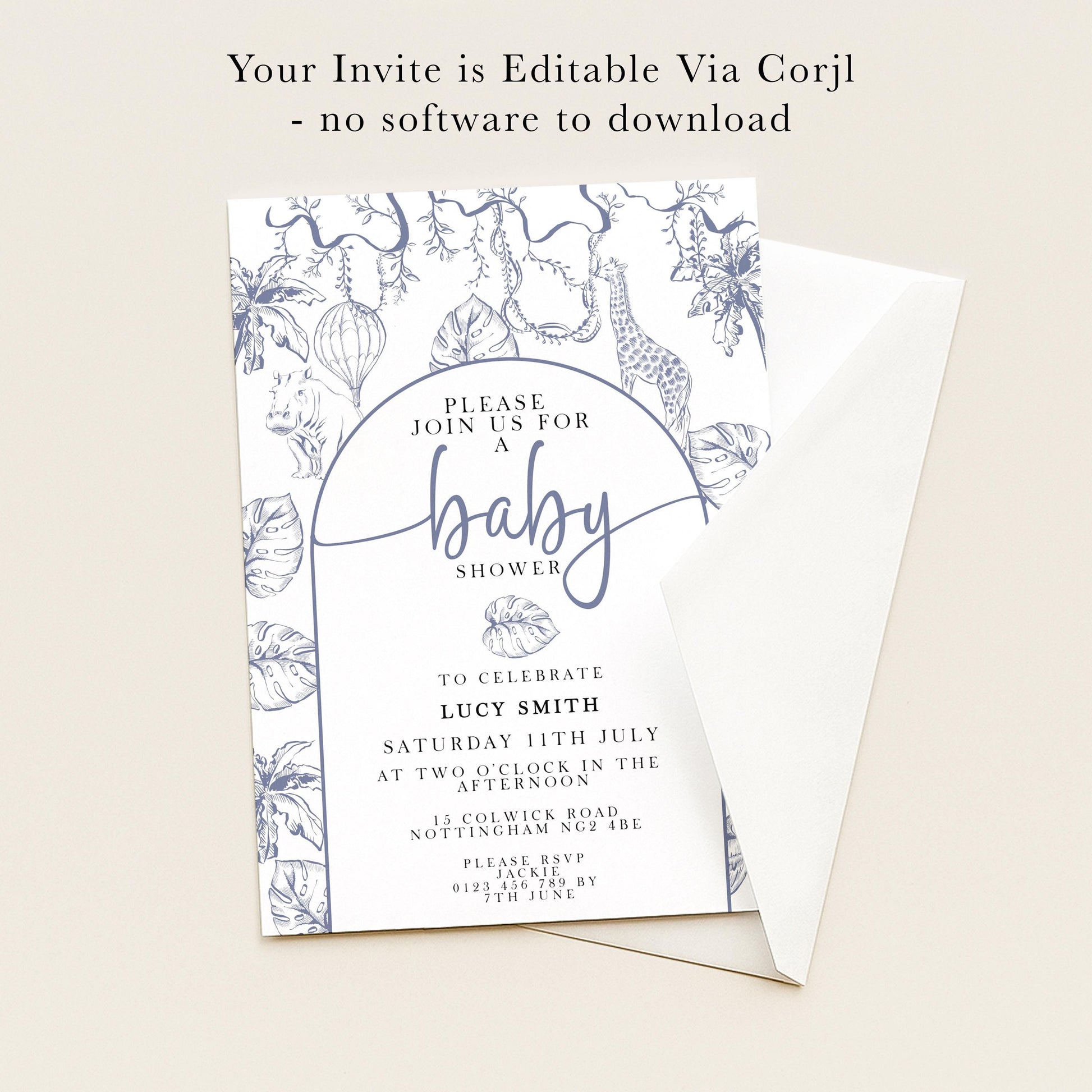 The image is a baby shower invitation featuring a blue and white floral design with illustrations of a giraffe, palm tree, and hot air balloons. The invitation invites guests to join for a baby shower celebration on Saturday, July 11th at the Afternoon at Two Oak in the afternoon.