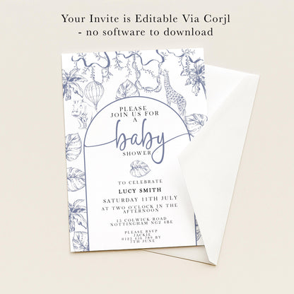 The image is a baby shower invitation featuring a blue and white floral design with illustrations of a giraffe, palm tree, and hot air balloons. The invitation invites guests to join for a baby shower celebration on Saturday, July 11th at the Afternoon at Two Oak in the afternoon.