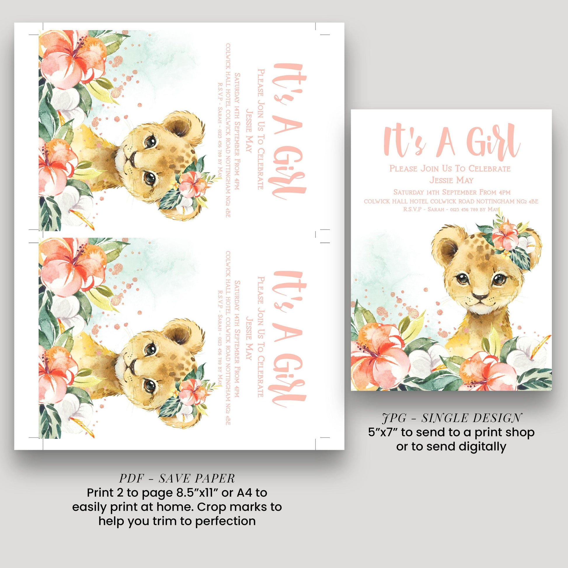The image is a baby shower invitation featuring a cute lion surrounded by flowers.