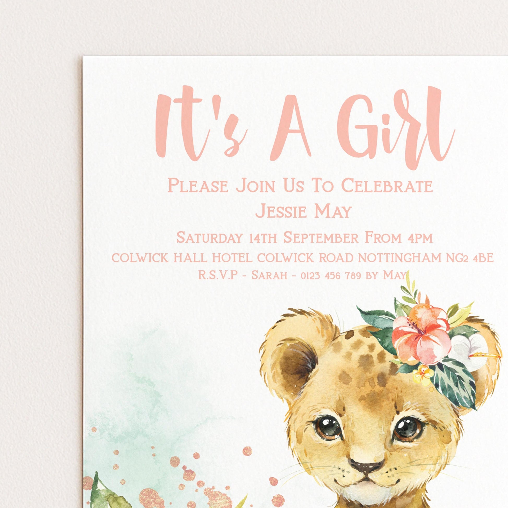 The image is a baby shower invitation featuring a cute illustration of a baby giraffe with a flower on its head.