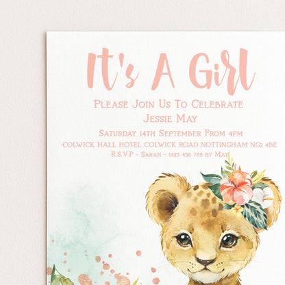 The image is a baby shower invitation featuring a cute illustration of a baby giraffe with a flower on its head.