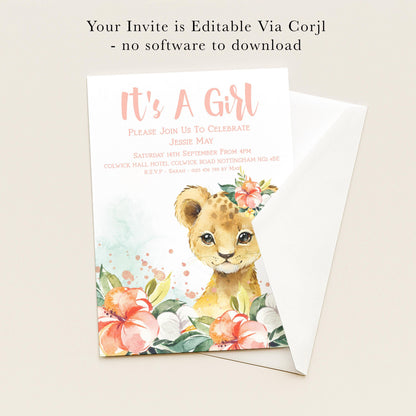The image is a baby shower invitation featuring a lion surrounded by flowers and leaves.