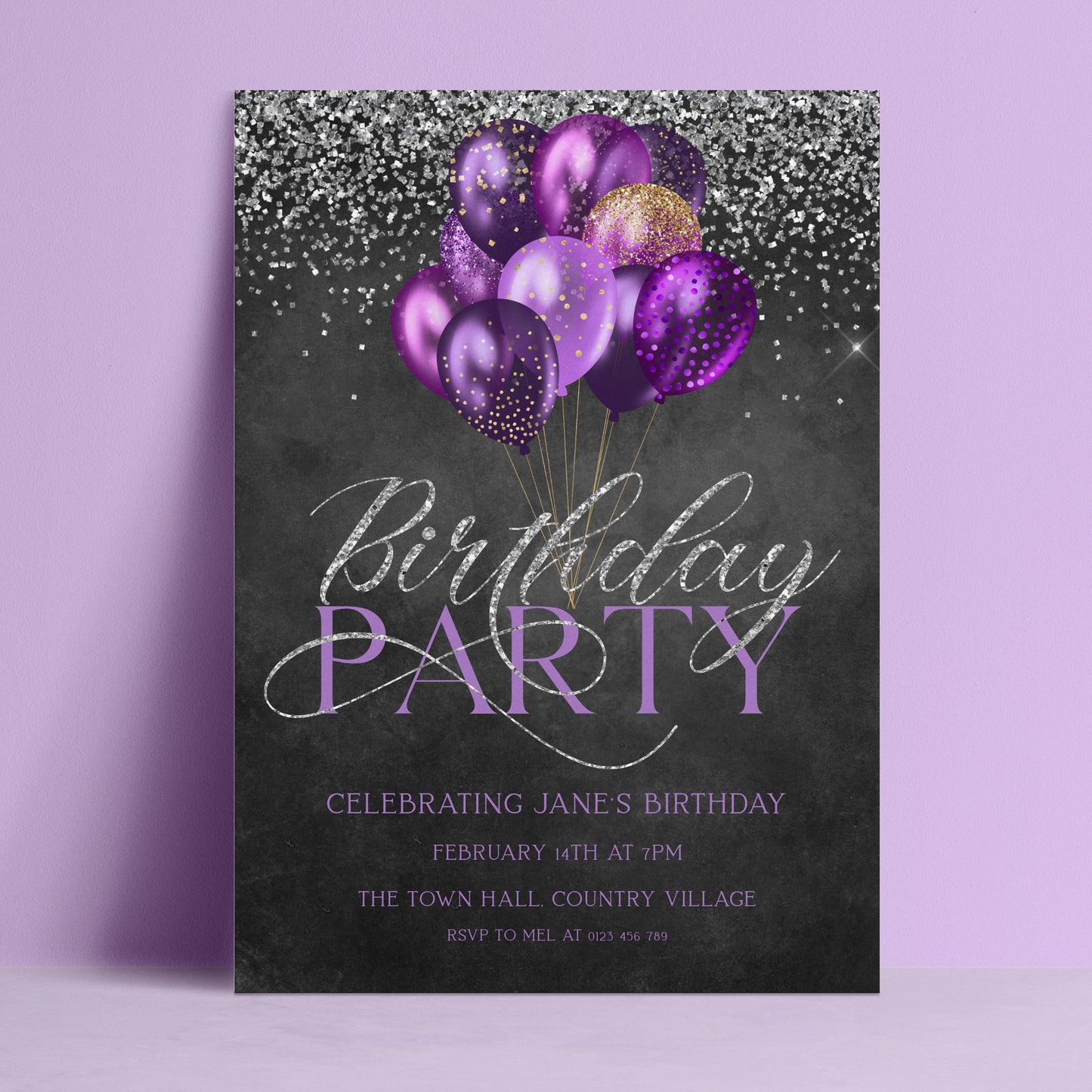 The image is a birthday party invitation featuring purple and gold balloons against a purple background with silver glitter.