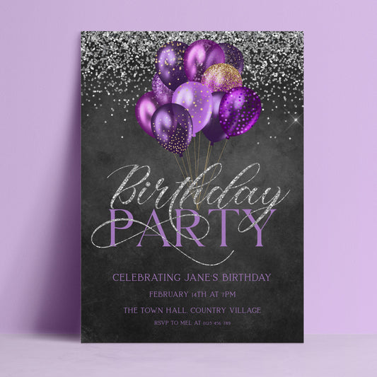 The image is a birthday party invitation featuring purple and gold balloons against a purple background with silver glitter.