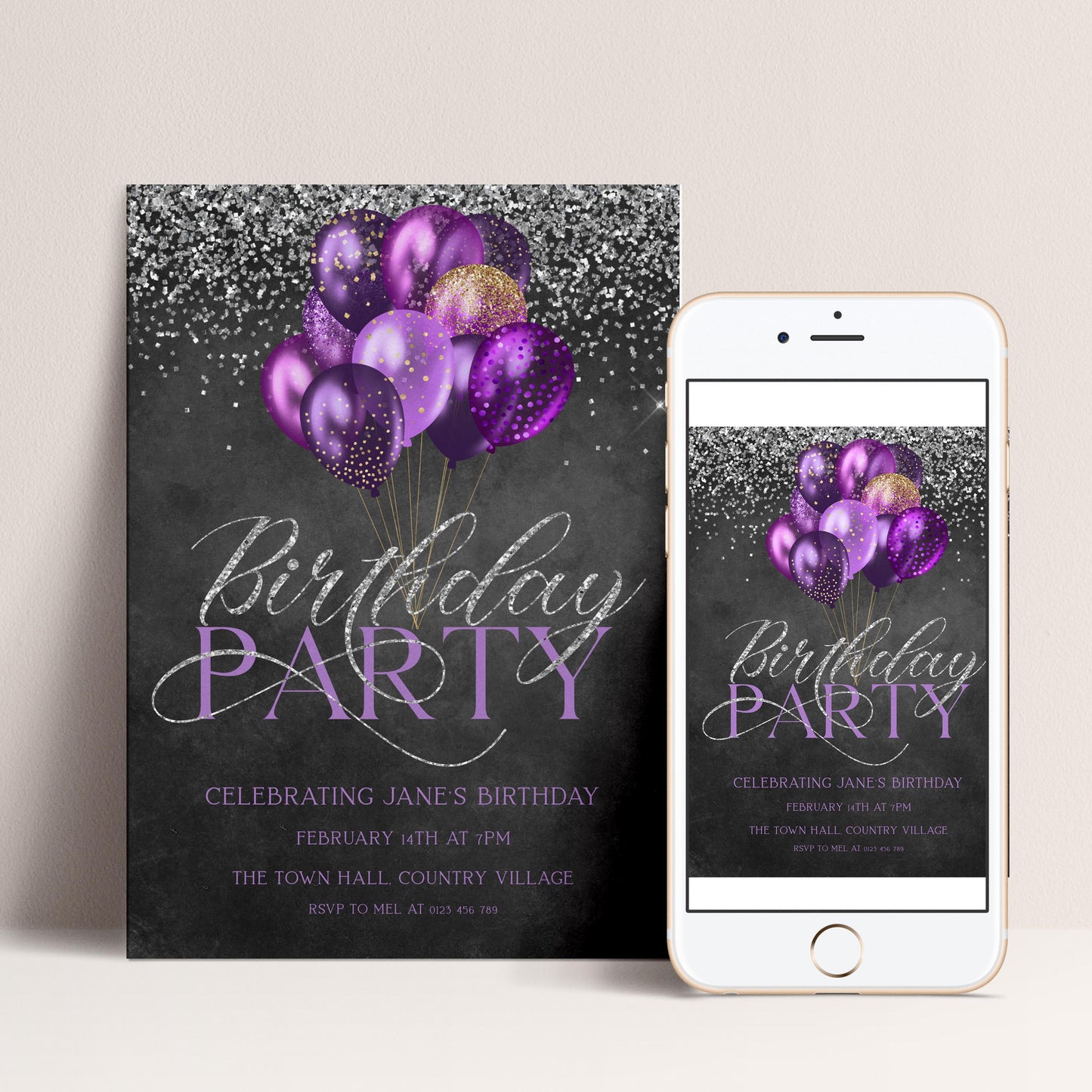 The image is a birthday party invitation featuring purple balloons and silver glitter against a dark background.