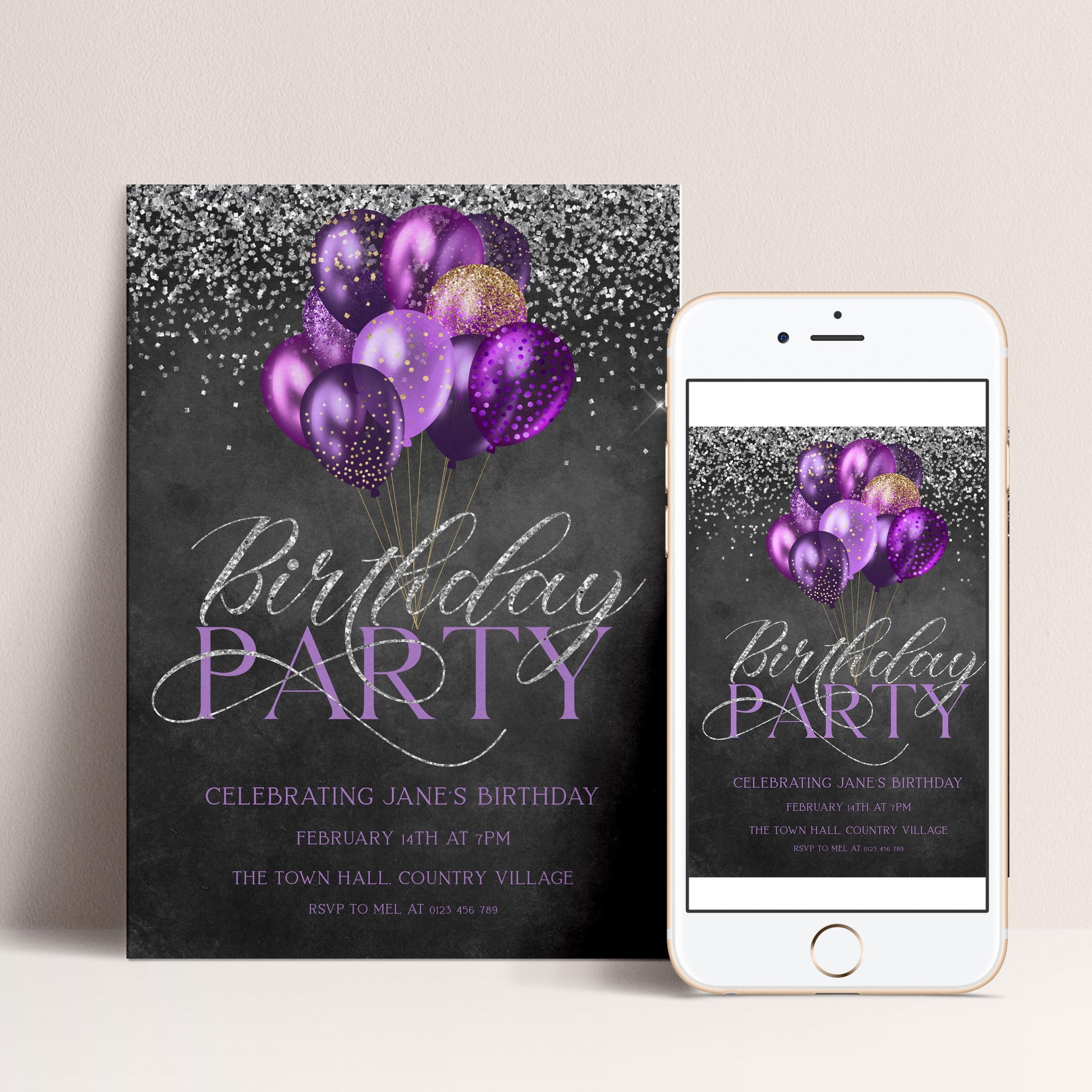 The image is a birthday party invitation featuring purple balloons and silver glitter against a dark background.