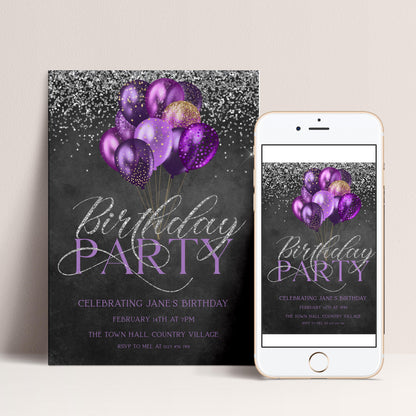 The image is a birthday party invitation featuring purple balloons and silver glitter against a dark background.