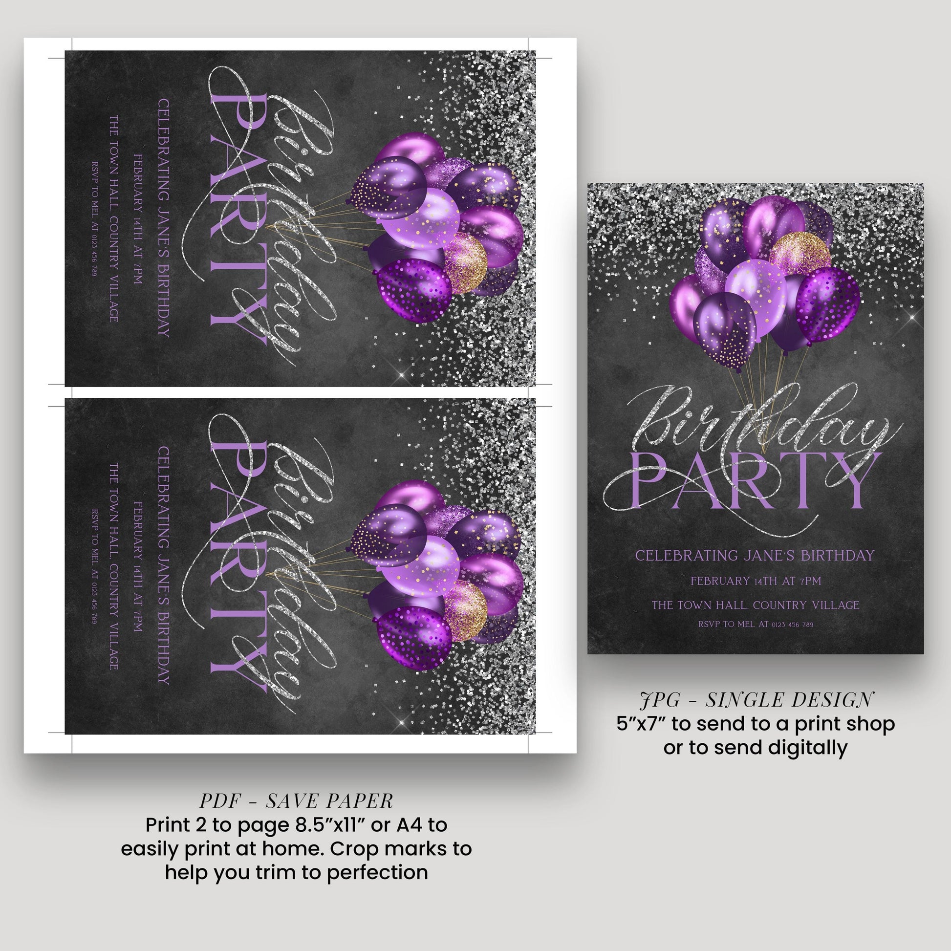 The image is a collage of three birthday party invitation designs featuring purple balloons and silver glitter. The designs include a birthday party invitation with purple balloons and silver glitter, a birthday party invitation with purple balloons and silver glitter, and a birthday party invitation with purple balloons and silver glitter.