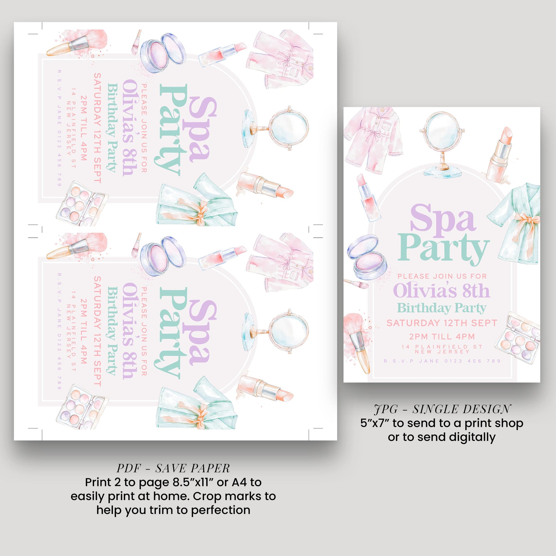 The image is a birthday party invitation for a girl named Olivia, which includes illustrations of spa-themed items such as towels, makeup, and a mirror.