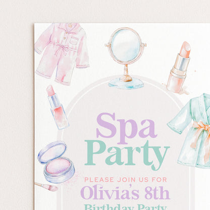 The image is a birthday party invitation for a girl named Olivia's 8th birthday party. It features various beauty and personal care items such as a robe, mirror, lipstick, and makeup palette, along with the text "Spa Party" and "Please join us for Olivia's 8th Birthday Party".