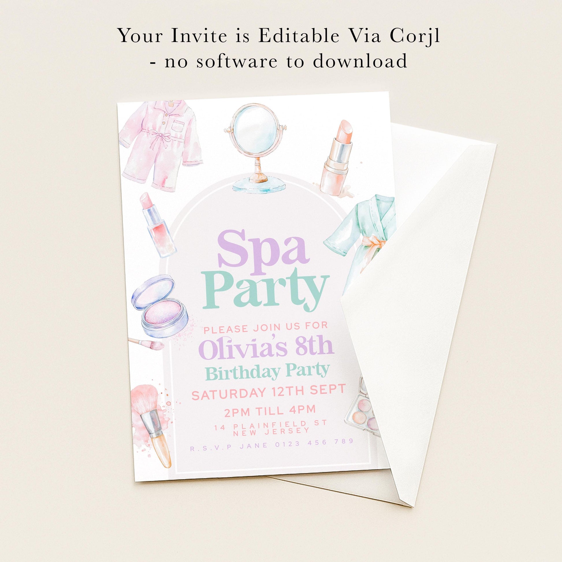 The image is a birthday party invitation for a spa party, featuring illustrations of spa-related items such as a robe, makeup palette, and a mirror.
