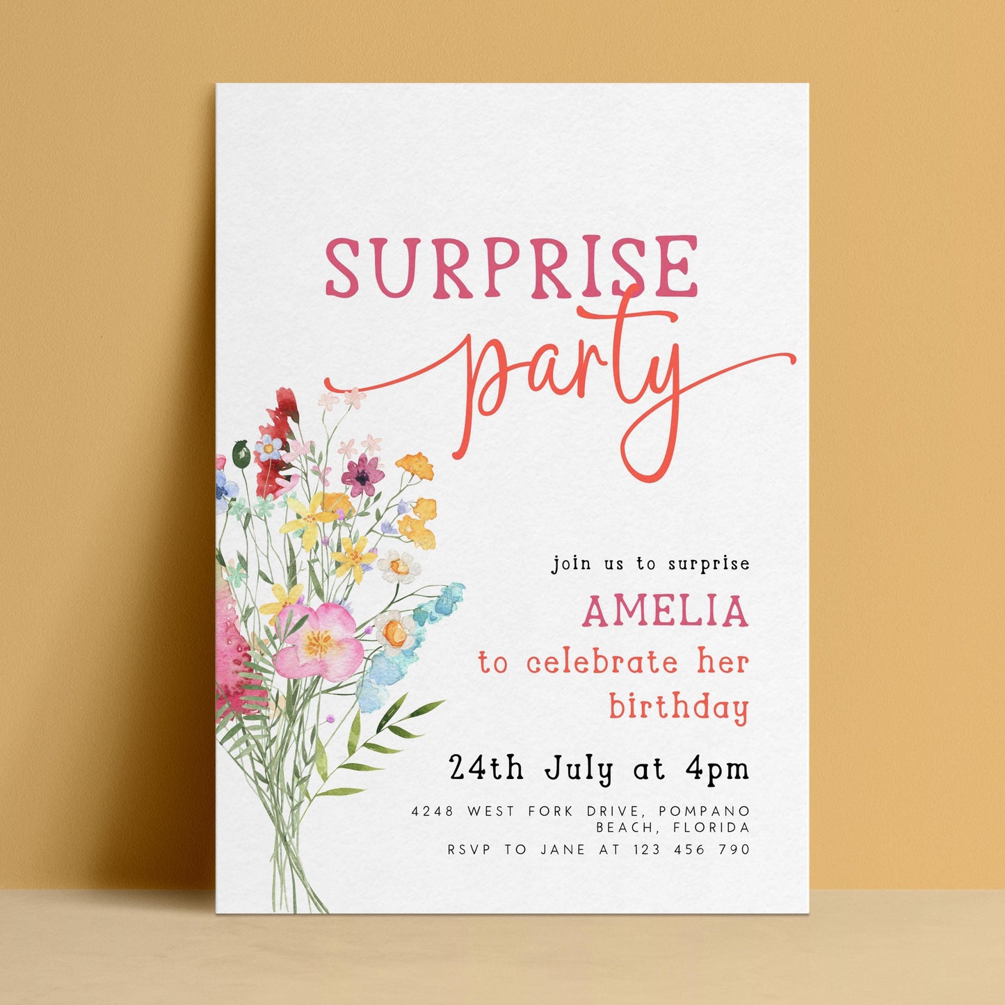The image is a birthday party invitation for a girl named Amelia. It features a floral design on the left side and includes details about the surprise party, such as the date, time, location, and RSVP instructions.