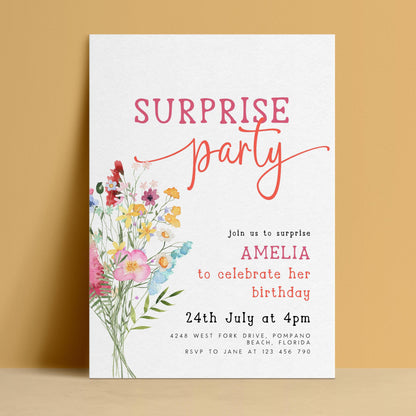 The image is a birthday party invitation for a girl named Amelia. It features a floral design on the left side and includes details about the surprise party, such as the date, time, location, and RSVP instructions.