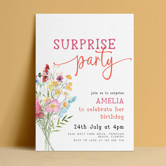 The image is a birthday party invitation for a girl named Amelia. It features a floral design on the left side and includes details about the surprise party, such as the date, time, location, and RSVP instructions.