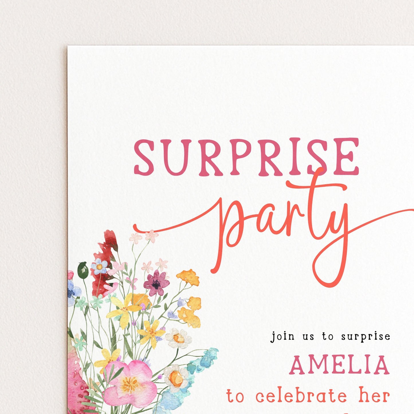 The image is a colorful invitation card for a surprise party.