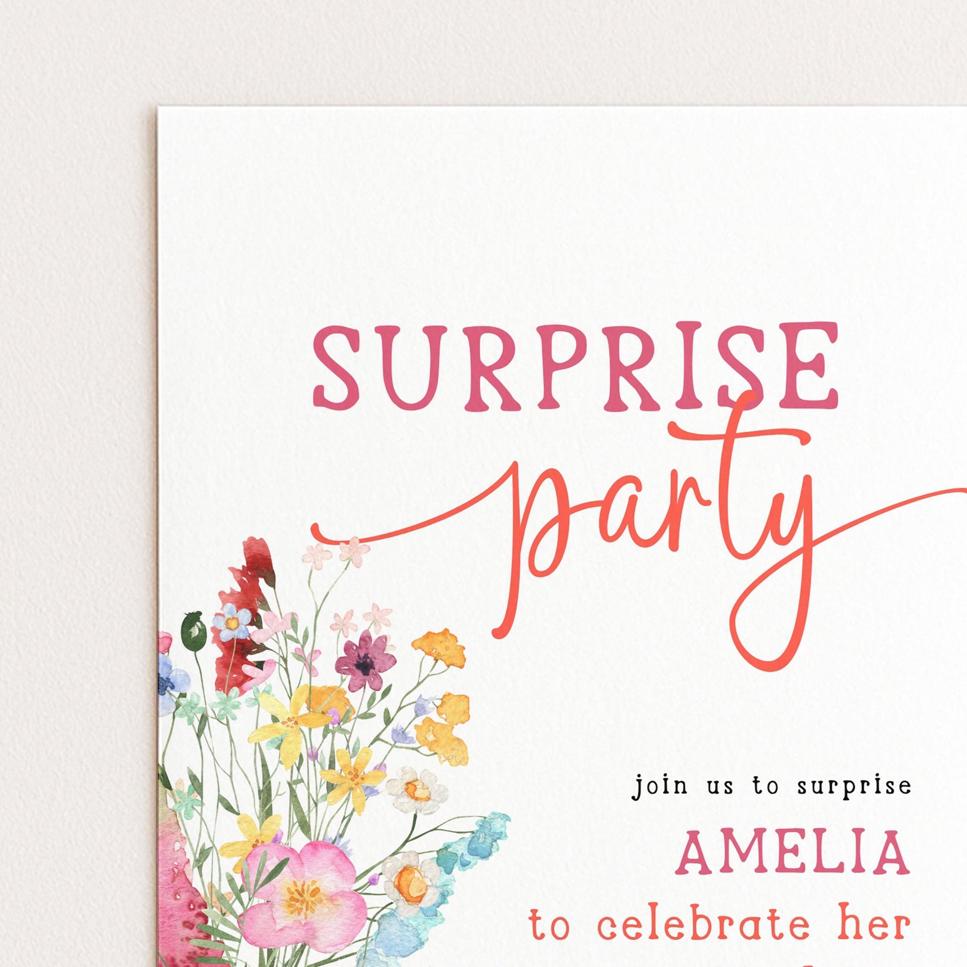 The image is a colorful invitation card for a surprise party.