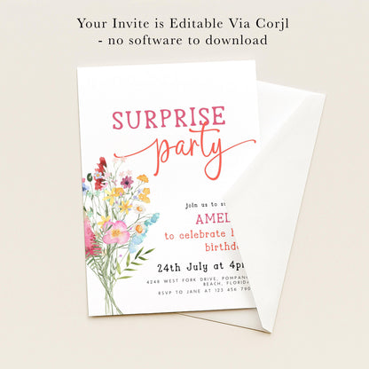 The image is a birthday party invitation for a child named AMEL, which is a surprise party. The invitation is for a 4th birthday celebration on July 24th at 4 p.m. at the Beach Drive, Pompano, Beach, Florida, RSVP to Jane at 123 456 790.