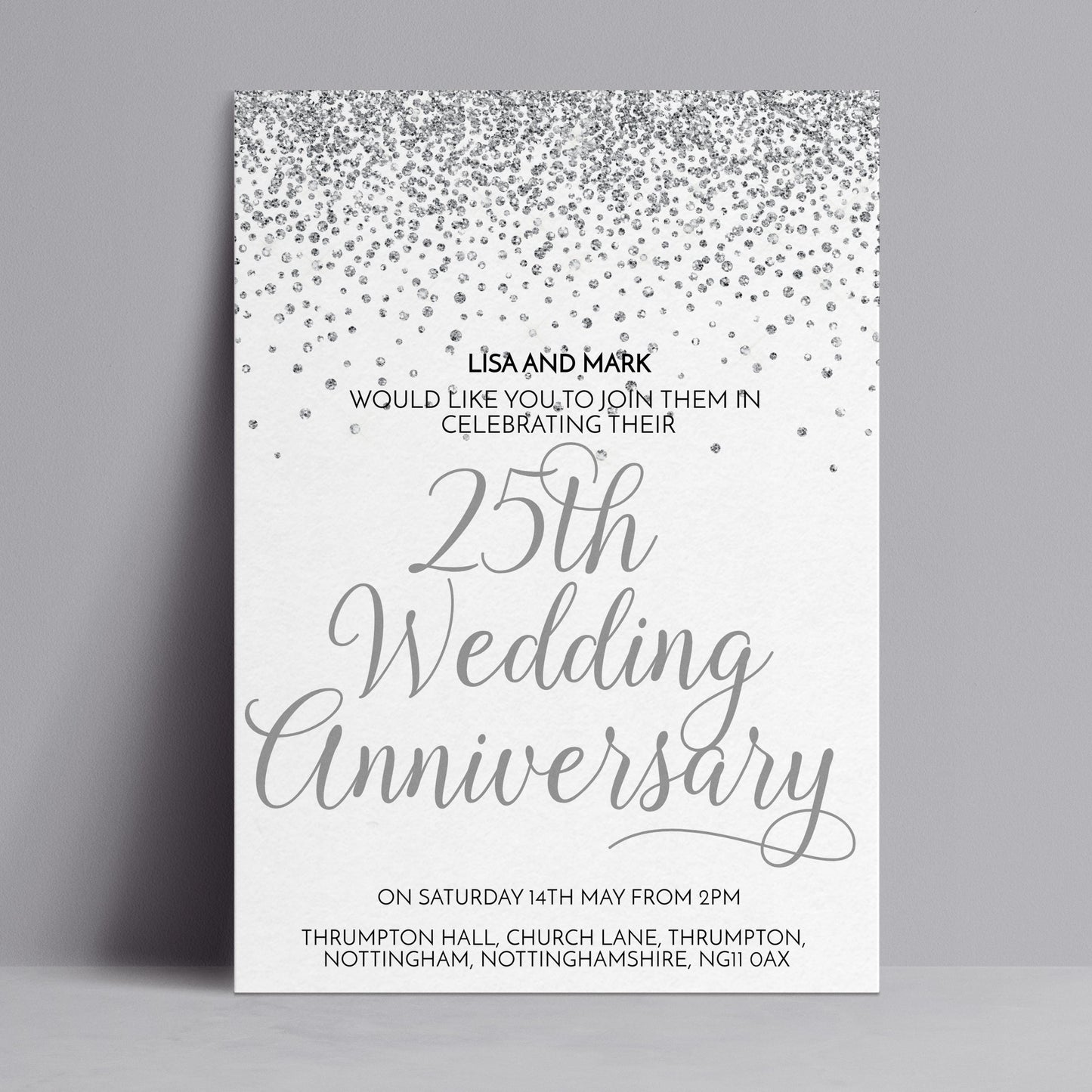The image is a wedding anniversary invitation for Lisa and Mark, celebrating their 25th wedding anniversary.