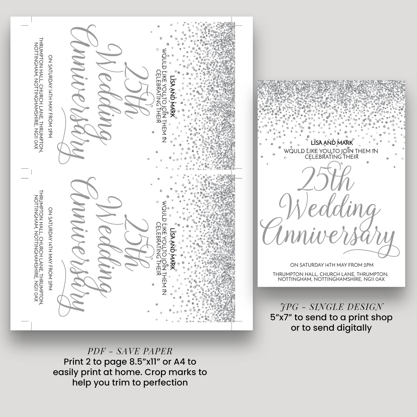 The image is a wedding anniversary invitation featuring a silver glitter design.