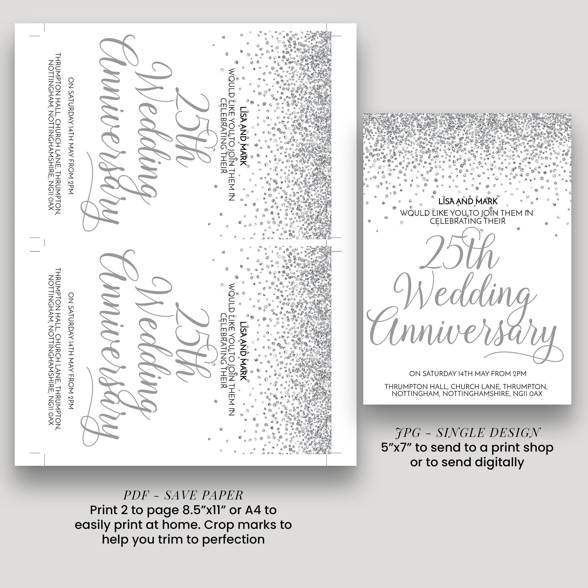 The image is a wedding anniversary invitation featuring a silver glitter design.