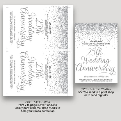 The image is a wedding anniversary invitation featuring a silver glitter design.
