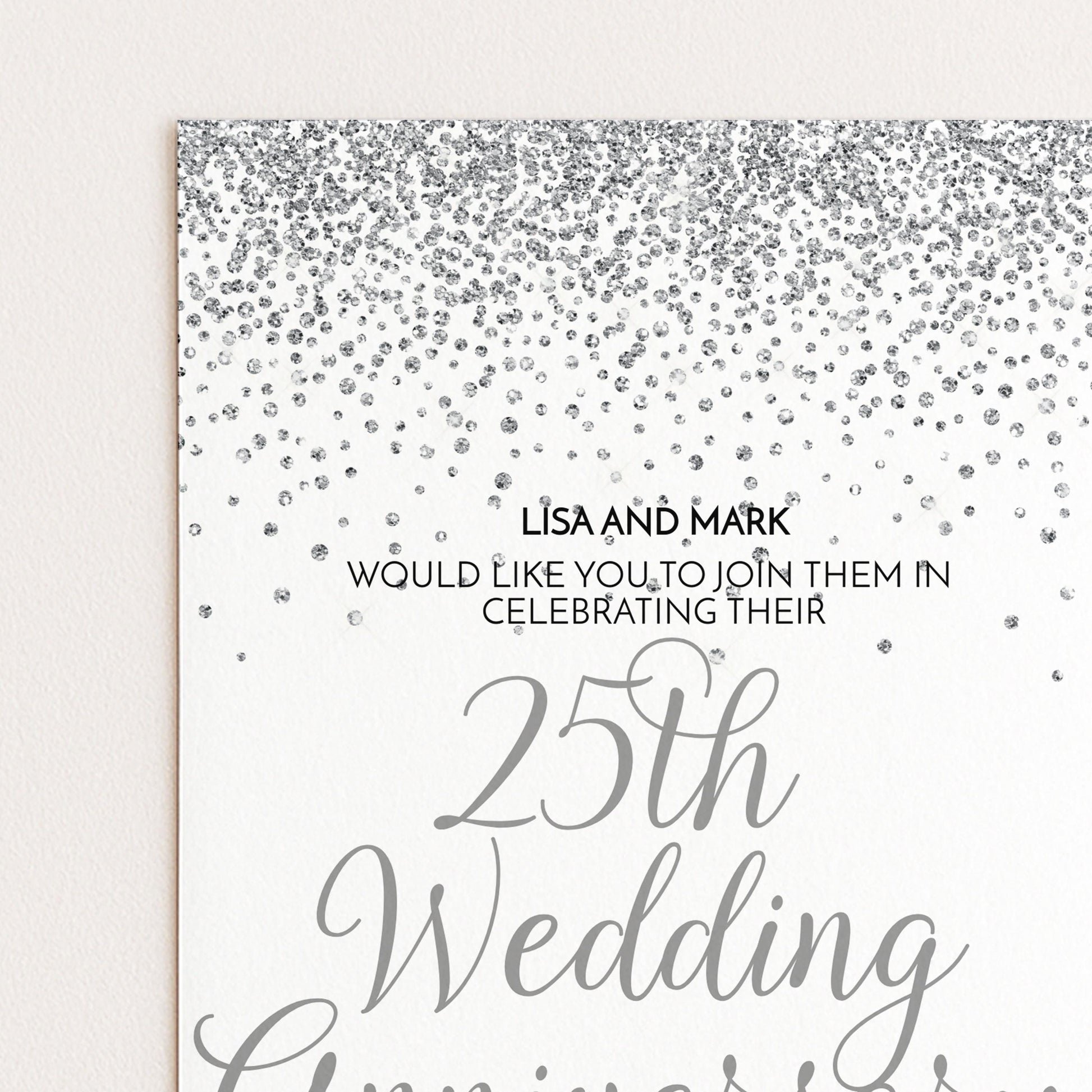 The image is a wedding anniversary invitation featuring a silver glitter design with the names "Lisa and Mark" and the text "WOULD LIKE YOU TO JOIN THEM IN CELEBRATING THEIR 25th Wedding Anniversary".