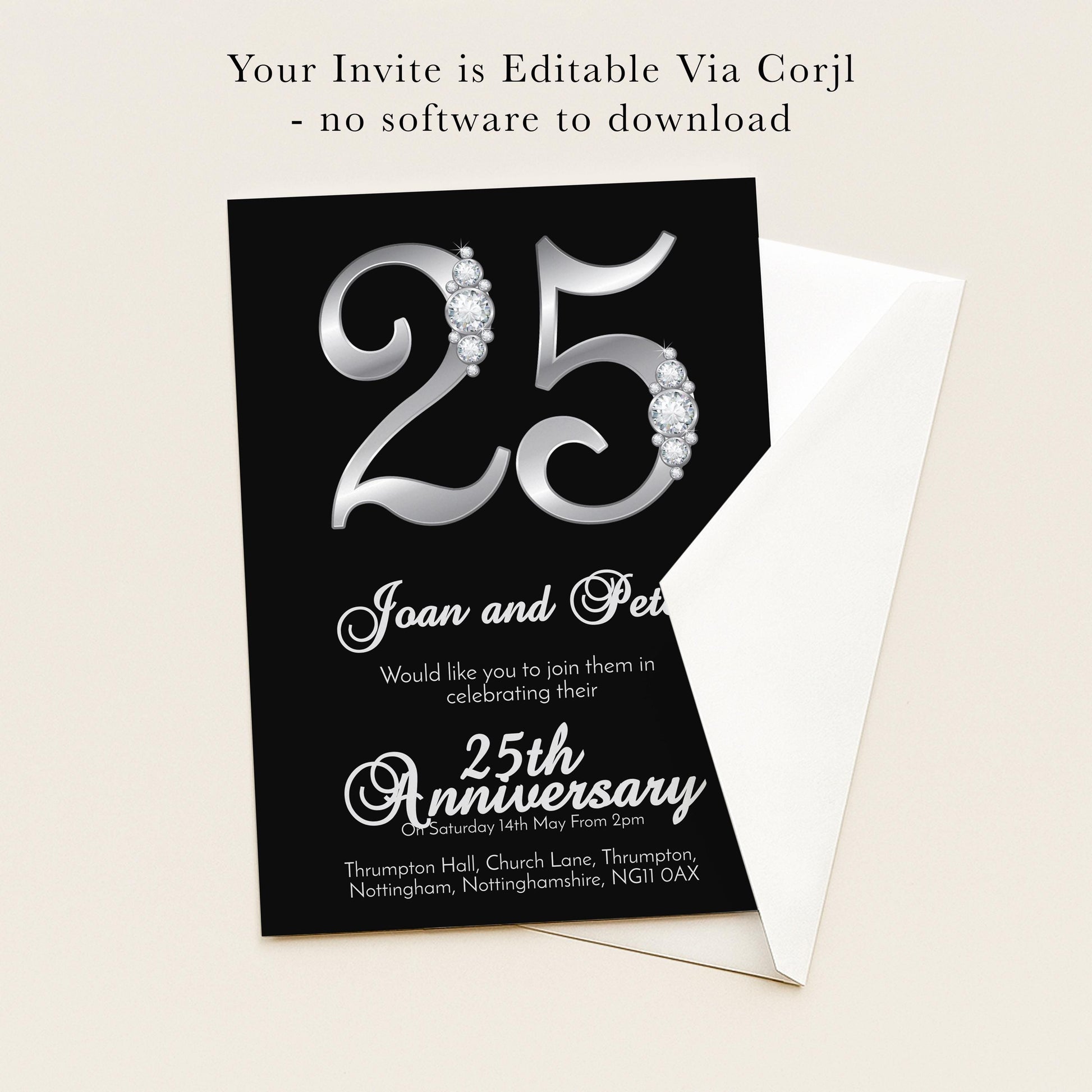 The image is a 25th anniversary invitation for Joan and Peter, which is editable via Corjl, without the need for any software to download.